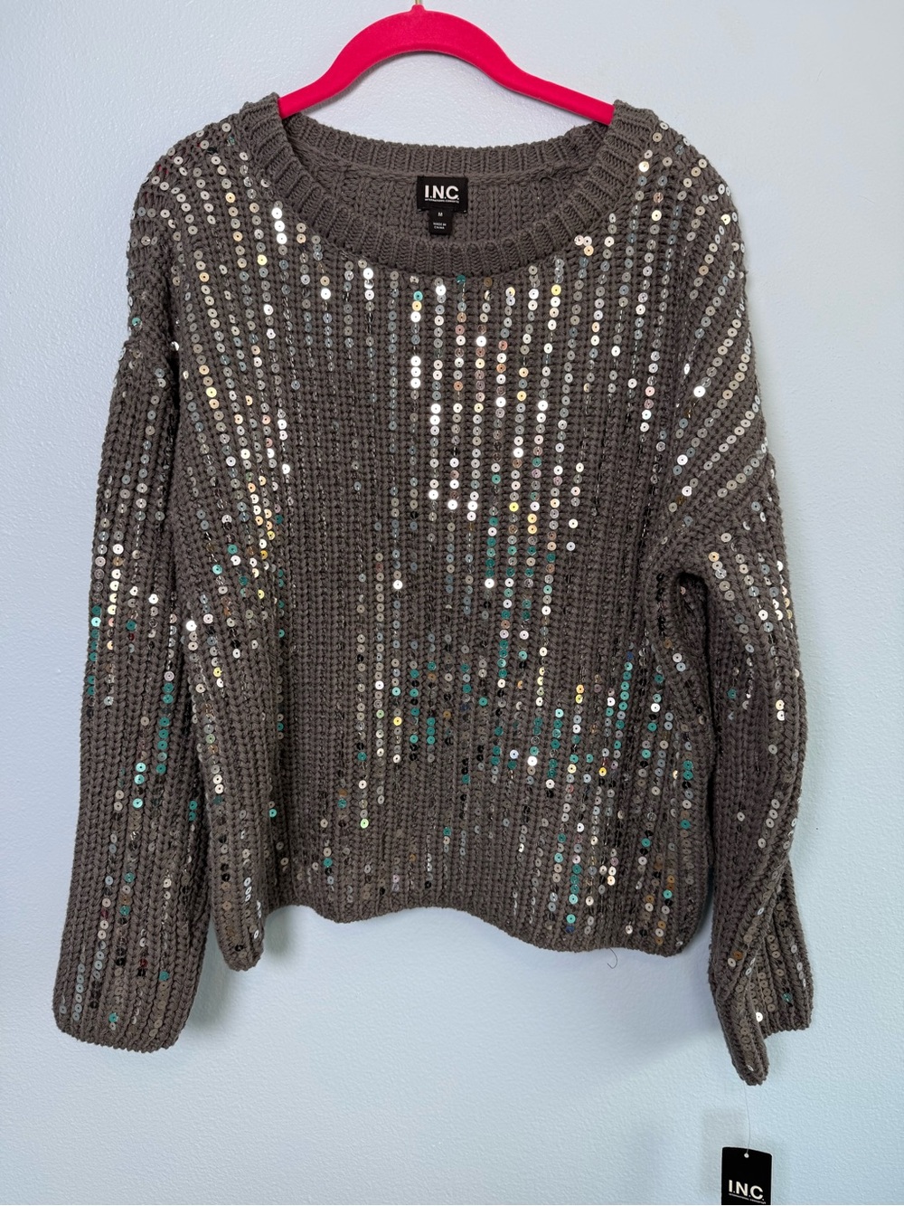 INC International Concepts Gray Sequin Crewneck Sweater